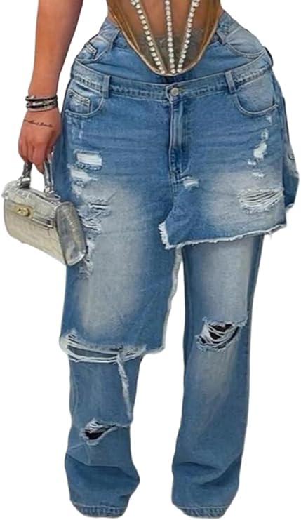 Molisry Women's Double Waist Ripped Jeans Patchwork Frayed Jeans 2026