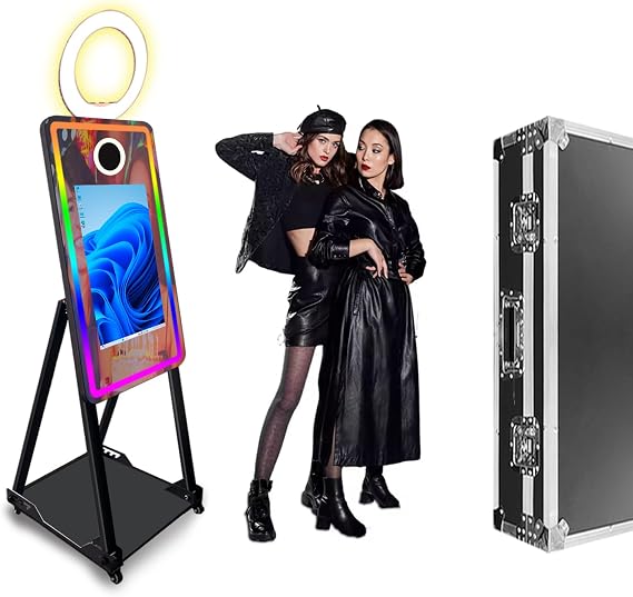 Vanya 40 Inch Portable Magic Mirror Photo Booth, 21.5'' Touch Screen PhotoBooth Machine, Build-in Mini PC, Stand With Wheels, With Flight Case For Wedding Party Events Rentals (Black)