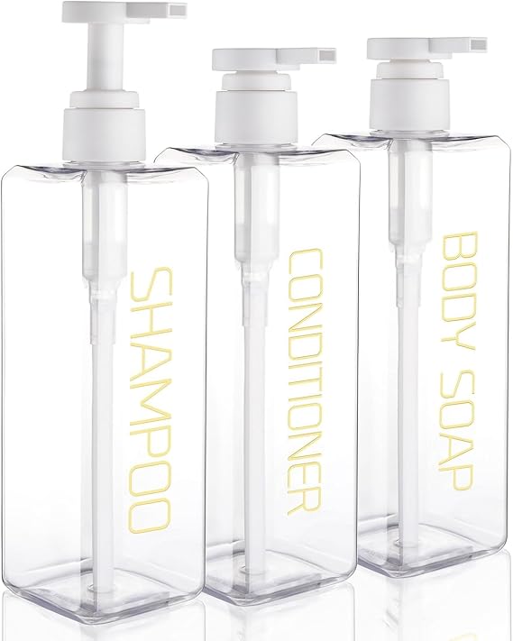 3 Pack 550ml Shampoo and Conditioner Dispenser Shower Soap Bottles Refillable Shampoo Pump Bottle Dispenser Plastic Empty Body Wash Dispensers with Permanent Labels for Bathroom (Clear)