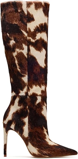 DOEYG Brown Cow Animal Print Knee High Boots for Women Pointed Toe Heeled Stiletto Boots Dressy Fashion Tall Boot with Side Zipper