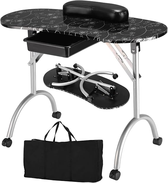COSTWAY Folding Manicure Nail Table, Portable Mobile Nail Station Beauty Technician Desk with Drawer, Wrist Cushion and Carrying Bag, Professional Spa Salon Art Table (Black)
