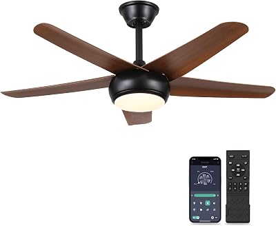 Low Profile Flush Mount Ceiling Fan with Lights - 44IN Modern IndoorOutdoor Ceiling Fan Light with RemoteAPP, Reversible DC Motor with 6 Speeds, Dimming, Brown