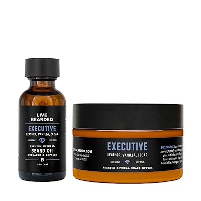 Live Bearded Beard Oil and Butter Grooming Kit - Made in the USA - All-Natural Ingredients with Shea, Argan, Jojoba - Growth Support | Executive Scent - Cedar, Vanilla