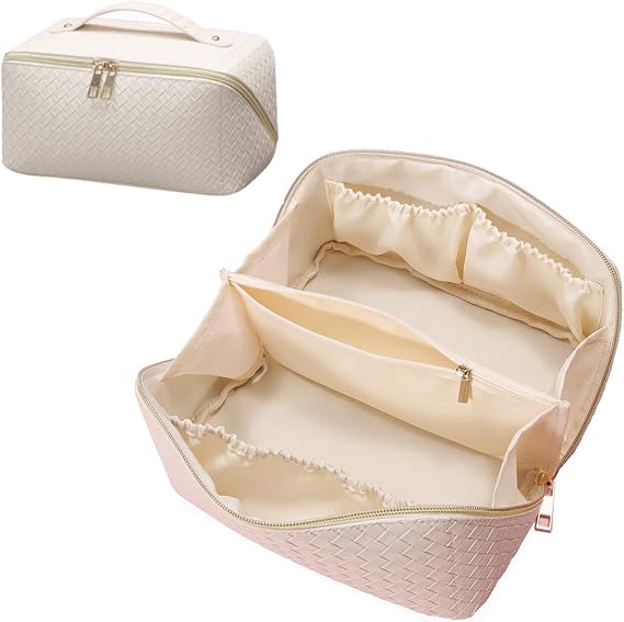 Travel Toiletry Bags, Large Capacity Travel Cosmetic Bag, Multifunctional Storage Makeup Bag PU Leather Square Embossed Makeup Bag, with Handle and Divider Travel Cosmetic Bags for Women (Wht)
