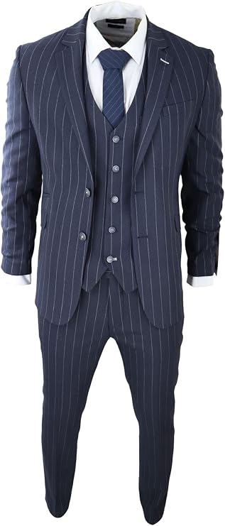 Mens 3 Piece Suit Pin Stripe Navy Classic Vintage Retro 1920s Tailored Fit Wedding