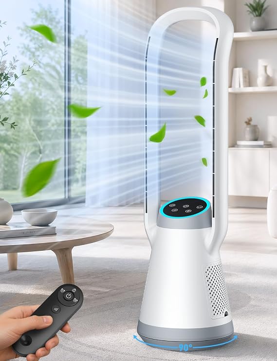 Fancole 35" Bladeless Tower Fan with Remote 25ft, 20dB Ultra Quiet Bladeless Cooling Fan w/ 5 Accent Ambient Lighting Modes, 3 Speeds, 12H Timer, 120 Oscillating Fan Safe for Kids Large Bedroom