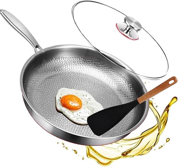 Titancore Titanium Hammered Pan Pro with Lid, 10"/11"/12" Ultra Durable Non-Stick Scratch-Resistant Titanium Frying Pan, Multifunctional No Coating Nutri Skillets, Even Heating (with lid, 30cm)