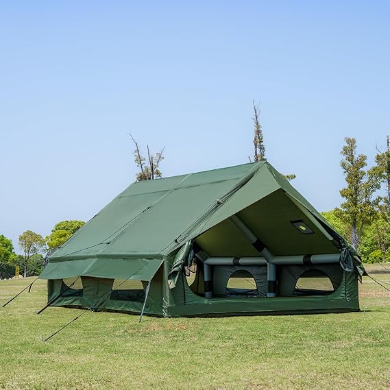 Inflatable Camping Tent w/Hand Pump Mesh Win-Door 63/129SQ FT | Blow-Up Cabin Tent, Waterproof Oxford, 4-Season, Glamping Air Tent Easy Setup, Fits 3-8 People