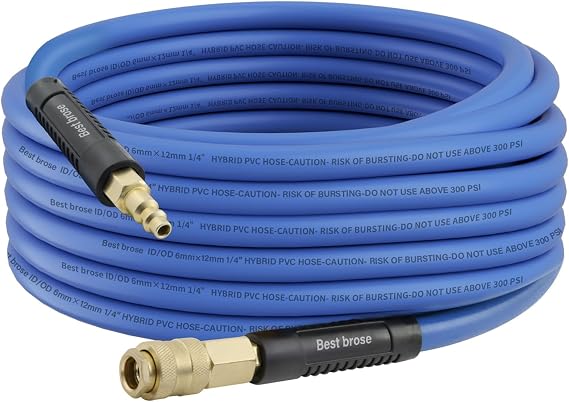 50 FT Air Hose, 1/4-Inch Hybrid Air Hose, 300 PSI Heavy Duty Air Compressor Hose, Lightweight, Kink Resistant, All-Weather Flexibility with 1/4-Inch Industrial Air Fittings and Bend Restrictors