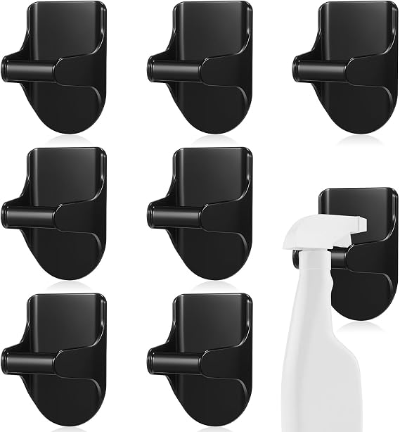 Taiyin 8 Pcs Wall Mount Spray Bottle Hooks Holder Spray Bottle Hanger Adhesive Hook to Create Storage Space Rack Organizer Hanger for Cabinet Kitchen Variety Surfaces (Black)