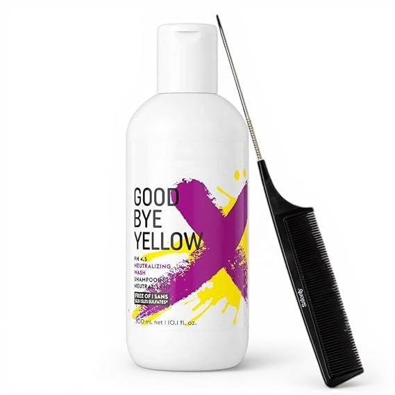 GOODBYE YELLOW Purple Shampoo Yellow Neutralizing for Blonde & Gray Hair 10.1 Fl Oz + Salonly Comb (2pc Bundle)
