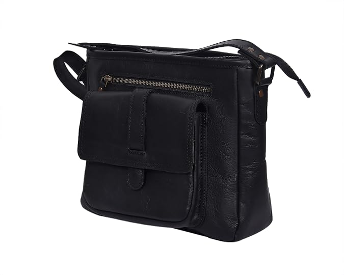 Celtic Classic Black Leather Crossbody Sling Bag with Front Pocket & Zip Closure