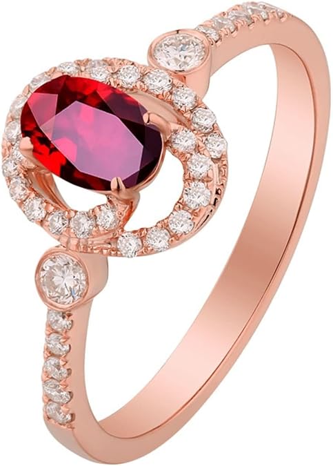 Lab Created Gemstone Rings, 18K Rose Gold Ring for Women Oval Shape Lab Created Ruby and Lab Created Diamond