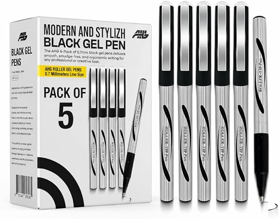 AHG 5 Pack Black Gel Pens – Smooth Writing 0.7mm Fine Tip Rollerball Pens, Quick-Dry No Smear No Bleed Ink for School, Office, Journaling, Exams & Daily Writing Tasks
