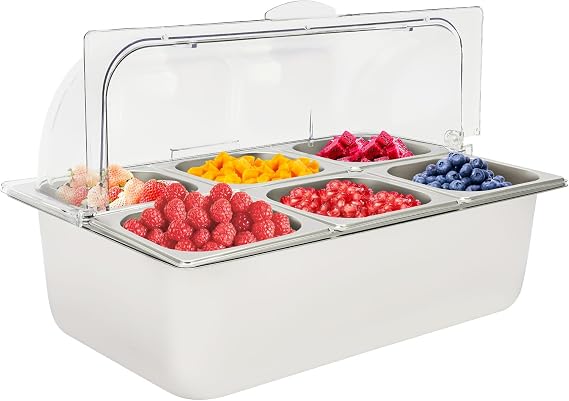 Countertop Ice Food Serving Display Tray, Buffet Cold Serving Cooler Platter with 90Clear Roll Top Cover, 6 Pan Stainless Steel Food Serving Tray,Rubber Stoppers, Dual Use for Hot&Cold, Silvery
