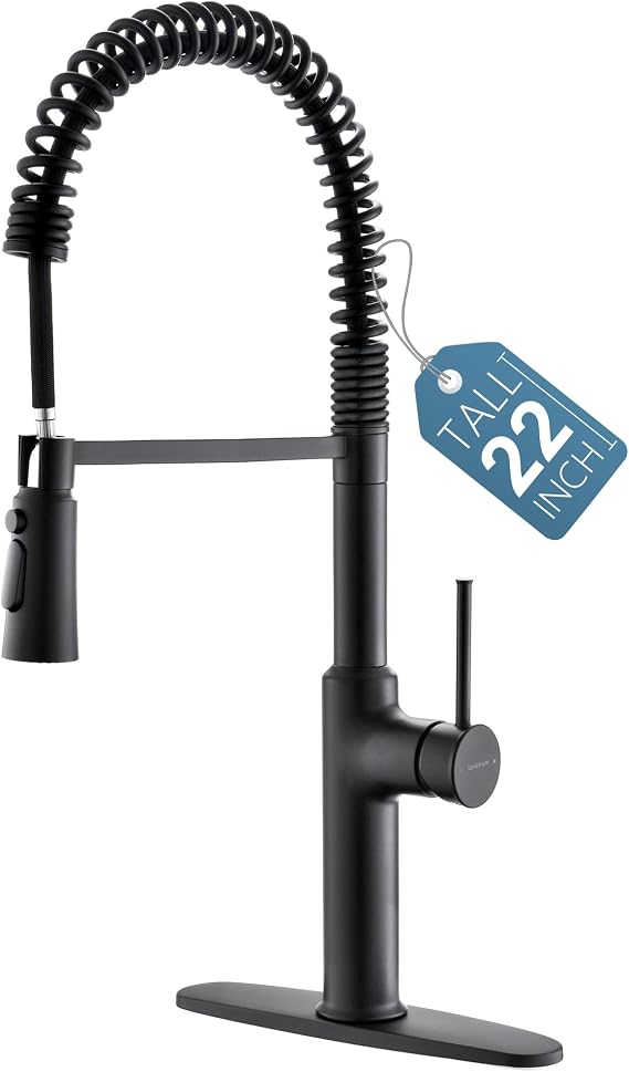 Matte Black Kitchen Faucets Brass 22" Commercial High Arc Single Lever Kitchen Faucets for Pull Down Sprayers Modern Spring with Deck Plate
