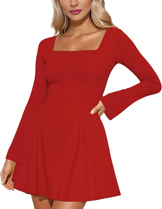 Womens Square Neck Mini Dress Long Sleeve Bodycon A-Line Party Club Short Dresses