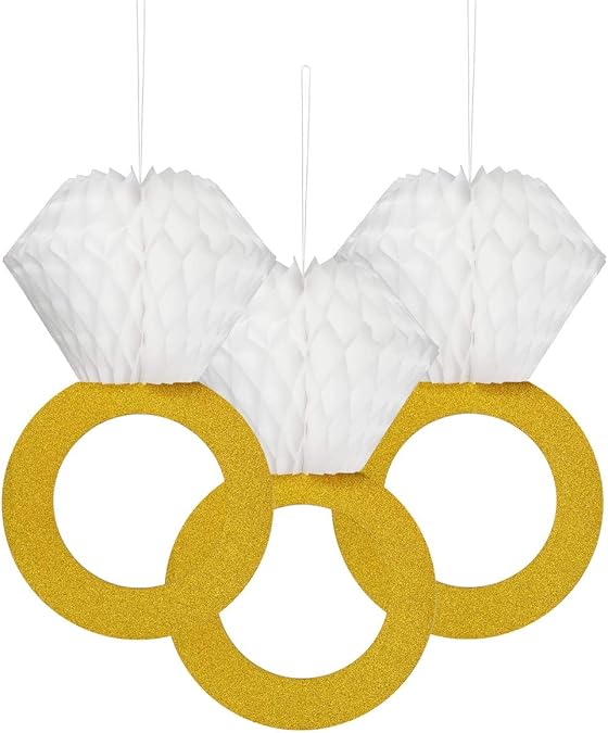 TTSAM Glitter Gold Honeycomb Diamond Ring Hanging Decorations (3 Pieces) Bachelorette Party Engagement Party Bridal Shower Wedding Anniversary Supplies