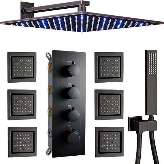 AYIVG Wall Mount Multi Shower Head System Oil Rubbed Bronze Bathroom Shower Body Spray System with LED 12 Inch Rainfall Shower Head With Handheld Mixer Shower Faucet Set