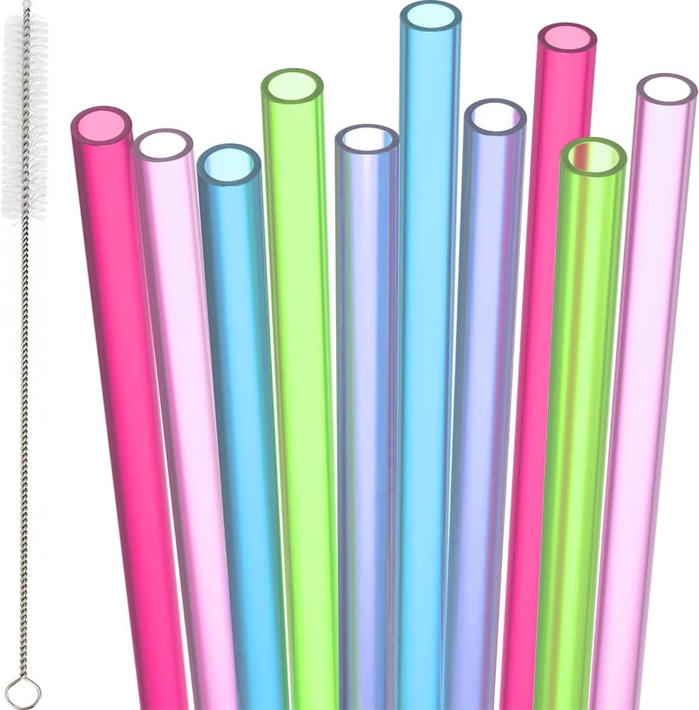 20 Pcs Plastic Straws Pack of 20 Reusable Straws with Brush 19mm x 7mm Perfect for Cocktails, Milk, Juice, Tea (Colored, Random Colors)