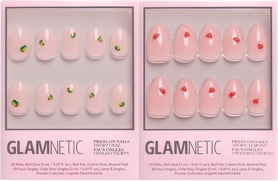 Glamnetic Press-On Nails Bundle - Happy Hour Duo | 2 Short Oval & Almond Fake Nails with Playful Drink-Inspired Accents | Glossy Cafe-Inspired Designs | Durable, Salon-Quality Nail Kits