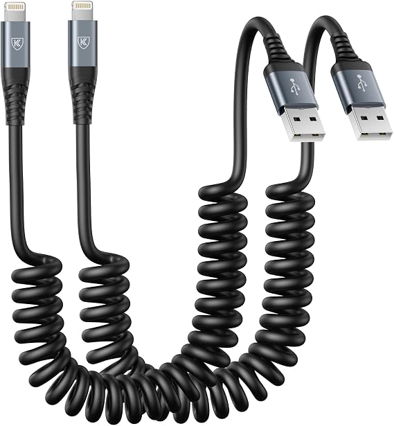 Coiled Lightning Cable, iPhone Charger Cable 3FT for Car, 2 Pack-Black