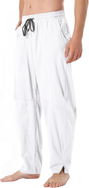 CLANMILUMS Men's Casual Cotton Linen Pants Loose Elastic Waist Summer Beach Trousers