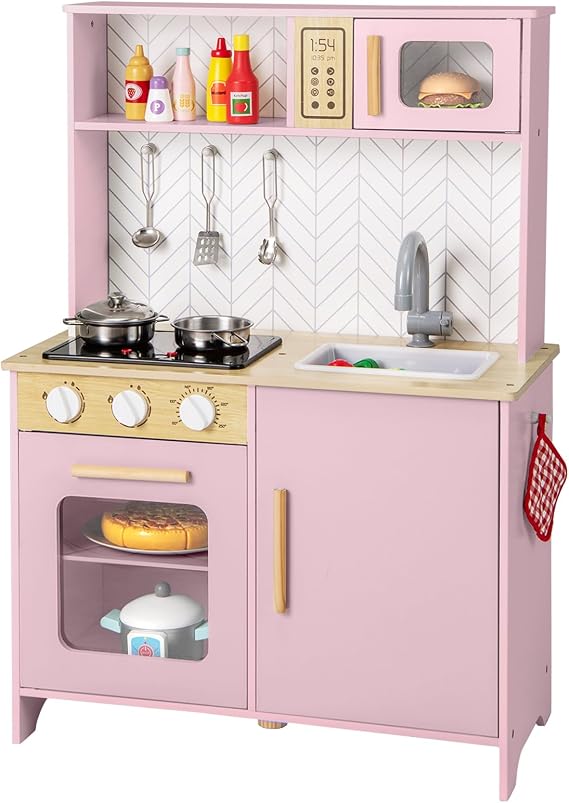 COSTWAY Kids Play Kitchen, Wooden Pretend Toy Kitchen with Lights & Sounds, Oven, Microwave, Sink, Faucet, Utensils, Children's Chef Role Play Set for Boys Girls (Pink)