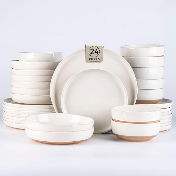 AmorArc Dinnerware Sets for 6, 24 Pieces Ceramic Plates and Bowls Set | Scratch Resistant Stoneware Dishes Set, Dishwasher & Microwave Safe, Light Beige