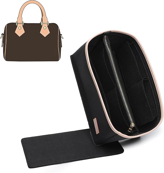 Purse Organizer Insert Compatible with LV Speedy 25 Bag Insert,Premium Felt Lightweight 25 Bag Organizer with Base Shaper, Tote Handbag Inner Divider Purse Accessories with Zipper Pocket,Black