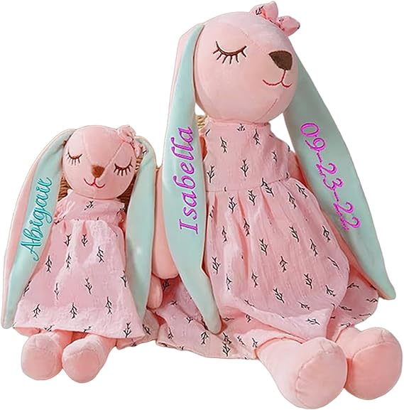 Dyoart Personalized Easter Bunny Rabbit with Name, HandMade Embroidered Custom Plush Toys, Customized Easter Gifts for Baby Toddler Girl