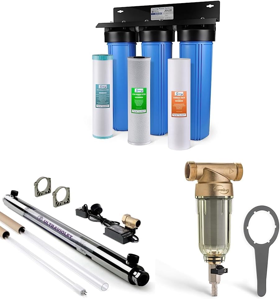 iSpring Whole House Water Filter System & UVF55FS Whole House UV Water Filter with Smart Flow Sensor Switch, 55W, 12 GPM & WSP-50 Reusable Whole House Spin Down Sediment Water Filter