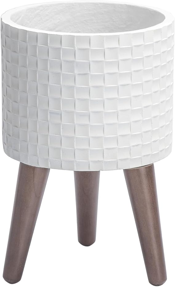 D'vine Dev Planter Pot with Wood Stand, 8 in, Matte White, 88-Z-A-1