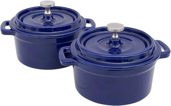 Flavehc Mini Cocotte 8 oz Mini Dutch Oven 0.25 qt. Cast Iron Garlic Roaster for Oven Garlic Confit Pot Ramekins with Lids Oven Safe Set of 2, Blue
