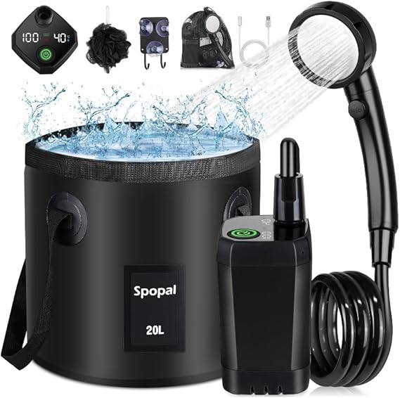 Spopal Rechargeable Camping Shower with Collapsible Bucket Handle 20L