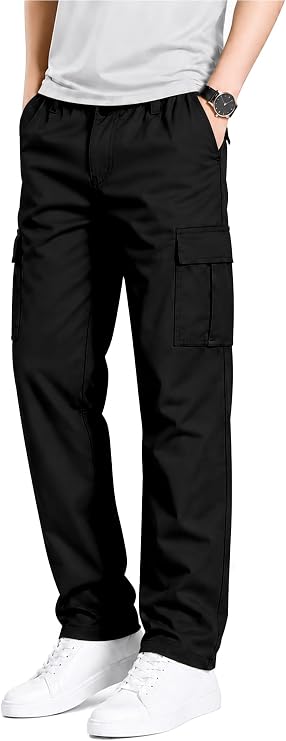 HUNGSON Men's Relaxed Cargo Pants Straight Leg Elastic Waist Work Pants
