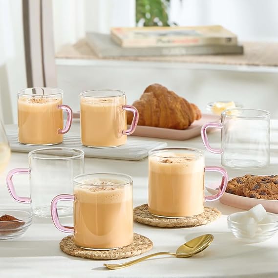 Borosil Vision Tea N Coffee Glass Mug Set of 6 - Microwave Safe, Pink Handle, 190 ml