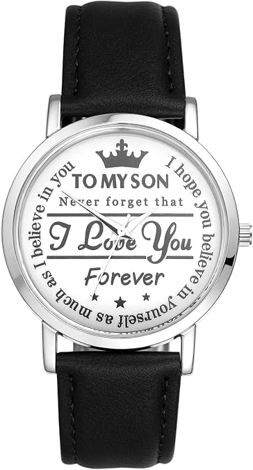 JewelryWe Leather Watch for Men: to My Son Analog Quartz Wristwatch with Inspirational Message for Birthday Christmas Graduation Black Strap Gold Dial for Father's Day