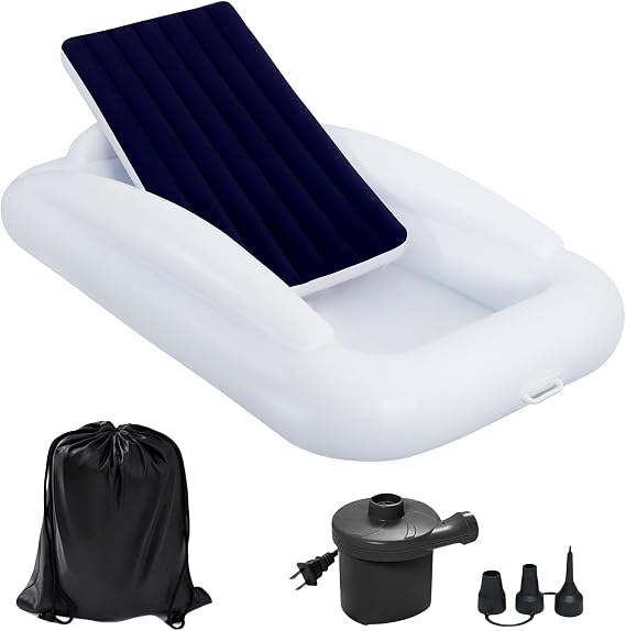 Inflatable Toddler Travel Bed with Safety Bumpers, 63 Inches Portable Kids Air Mattress with High-Speed Pump, Inflatable Toddler Bed for Travel Camping and Grandmas House, Navy Blue