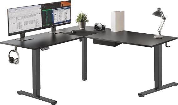 Mount-It! L Shaped Standing Desk - Extra Large 75" x 63" Electric Corner Standing Desk, Height Adjustable with Smooth Ergonomic Height from 28.3" to 46.5", 3 Memory Settings, Solid Steel Frame, Black