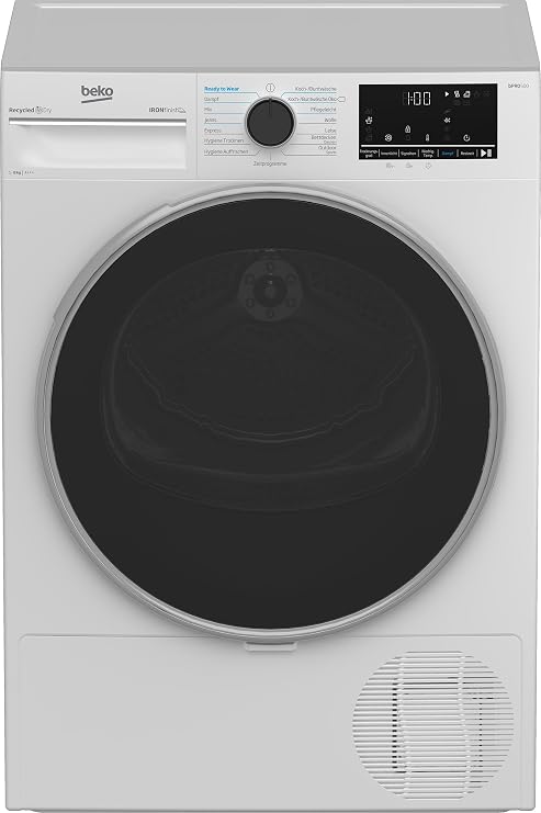 Beko B5T4824IF Tumble Dryer 8 kg Front Load Heat Pump Dryer Suitable for Allergy Sufferers 15 Programmes Steam Function Wrinkle Protection Sensor Drying Silent Program Aquawave Gentle Drum White [Energy Class C]