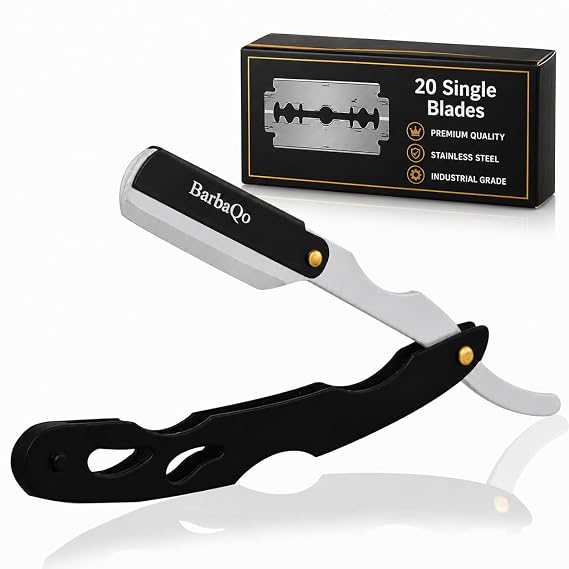 Straight Razor - Straight Razors for Men, BarbaQo Professional Barber Razor with 20 Sinlge Blades, 100% Stainless Steel Straight Razor for Close Shaving