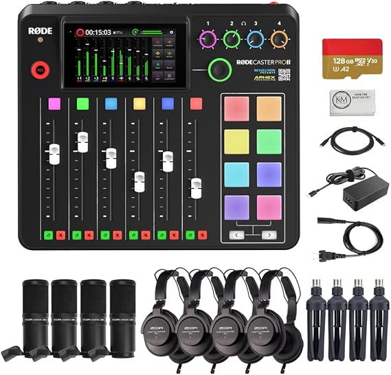 Rode RODECaster Pro II Integrated Audio Production Studio Bundled with 4 x Podcast Mic Packs + 128GB Micro-SD Card + Cleaning Cloth (7 Items)