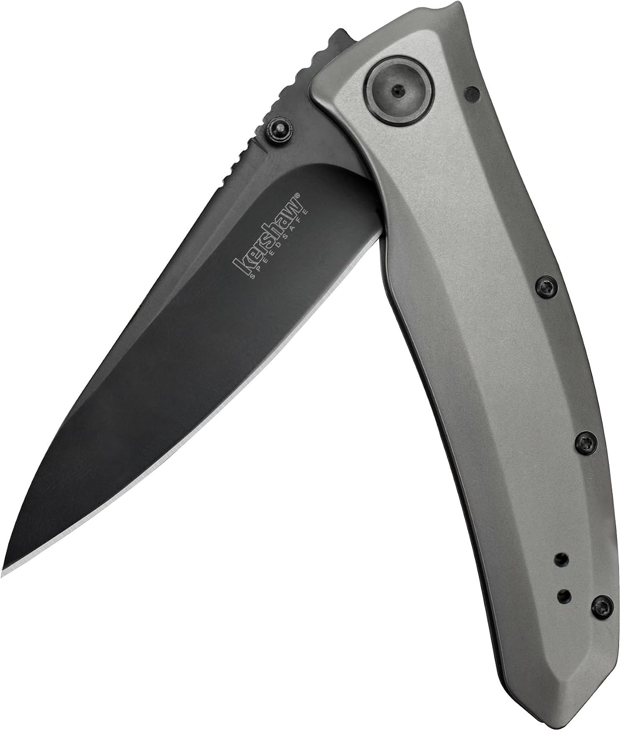 Kershaw Grid Pocketknife, 3.7 8Cr13MoV Steel Drop Point Plain Edge Blade, Assisted One-Handed Flipper or Thumb Stud Opening, Frame Lock EDC,GreyBlack