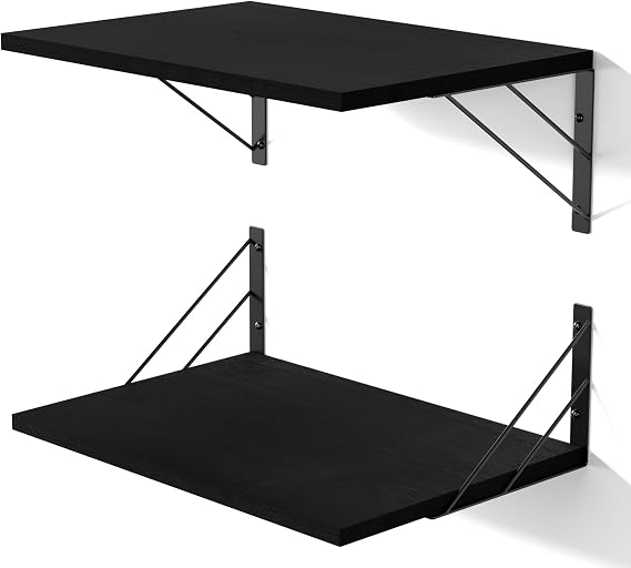 Love-KANKEI Wide Floating Shelves for Wall, Black 16" W x 12" D Large Deep Wood Wall Shelves for Storage in Bathroom, Bedroom, Living Room, and Kitchen Set of 2