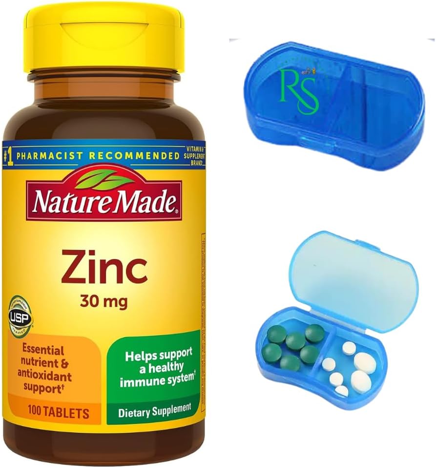 Nature Made Zinc 30mg Tablets, Dietary Supplement for Immune Health & Antioxidant Support, 100 Count, 100-Day Supply, Bonus Bundle with RS-Mini Portable Pill Box AM PM, Travel-Friendly
