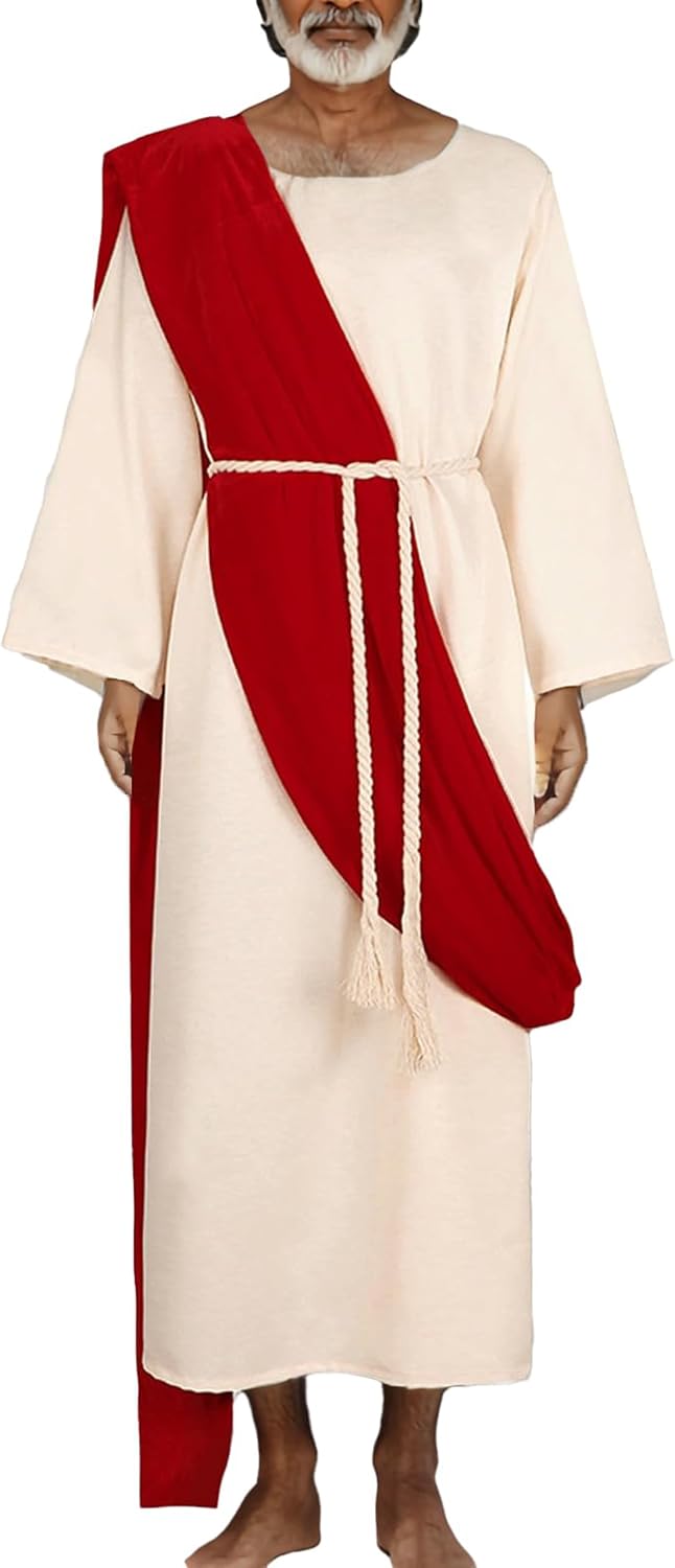 Mens Jesus Costume Easter Christ Biblical Religious Outfits Saint Jesus Robes with Scarf Waist Rope Set