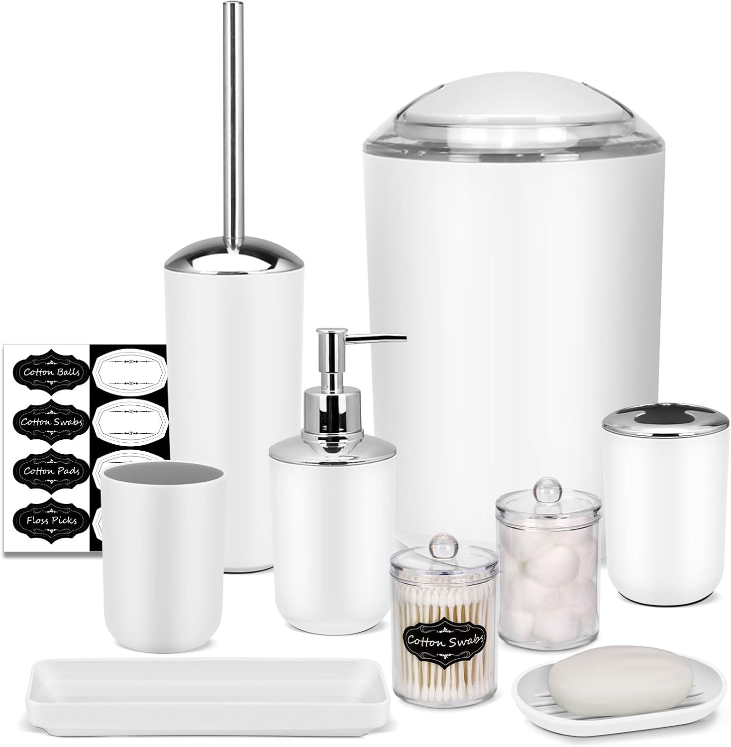 IMAVO Bathroom Accessory Set - 8 Pcs White Set with Trash Can, Soap Dispenser, Soap Dish, Toothbrush Holder, Toothbrush Cup, Toilet Brush Holder, Qtip Dispenser