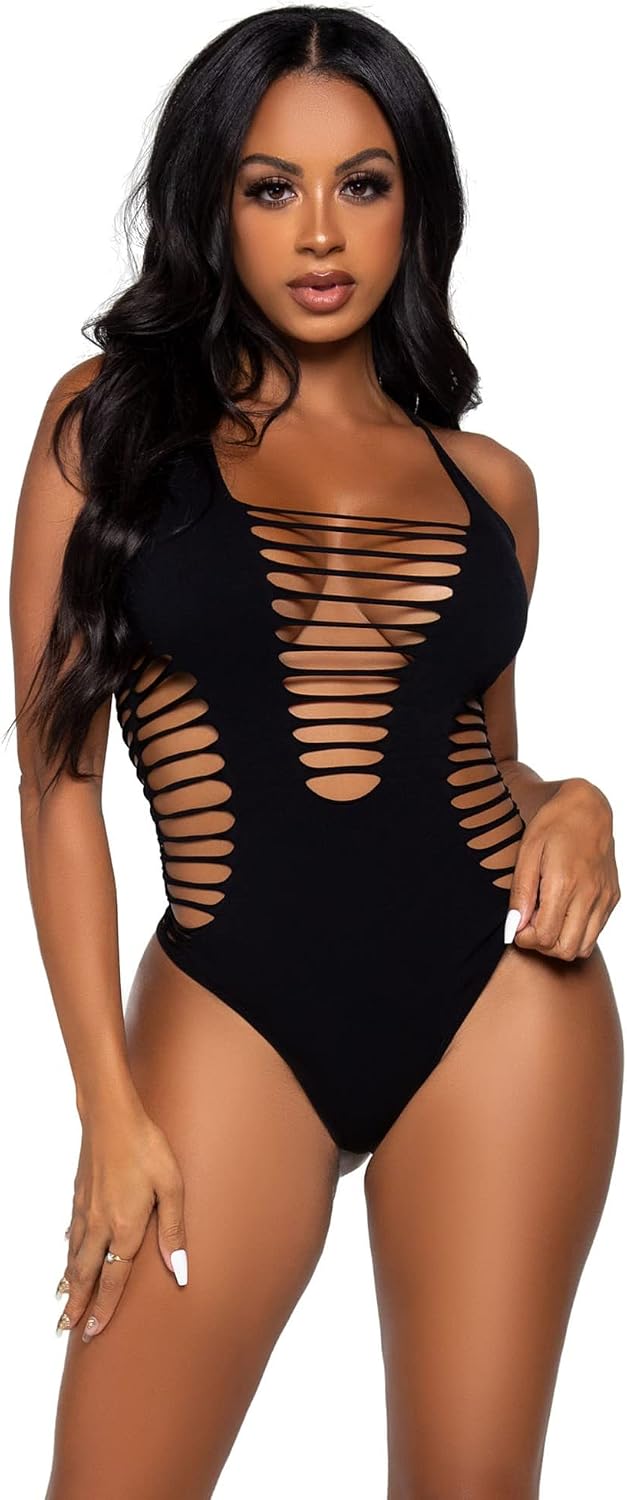 Leg Avenue Womens Seamless Shredded Racer Back Thong Bodysuit