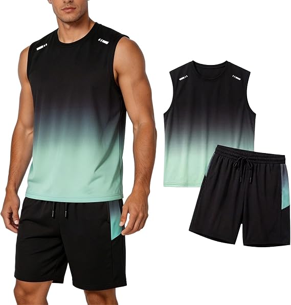 Mens Athletic 2-Piece Outfit, Gradient Sleeveless Tank Top and Drawstring Shorts Set for Gym, Running and Sports